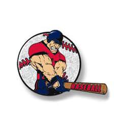 Muscle man swinging bat - red shirt, silver baseball background