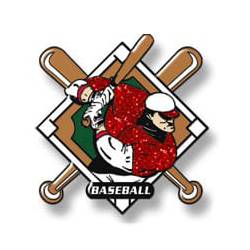Baseball man with bat - red shirt, white border and lettering