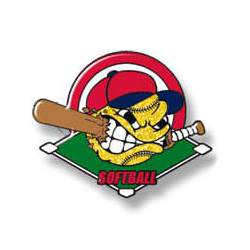 Softball eating bat - red hat, yellow ball, over green field