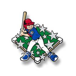 Baseball boy batting - blue shirt, stars over field, red helmet