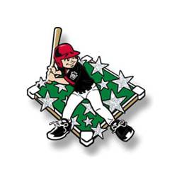 Baseball boy batting - black shirt, stars over field, red helmet