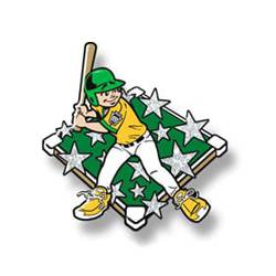 Baseball boy batting - yellow shirt, stars over field, green helmet